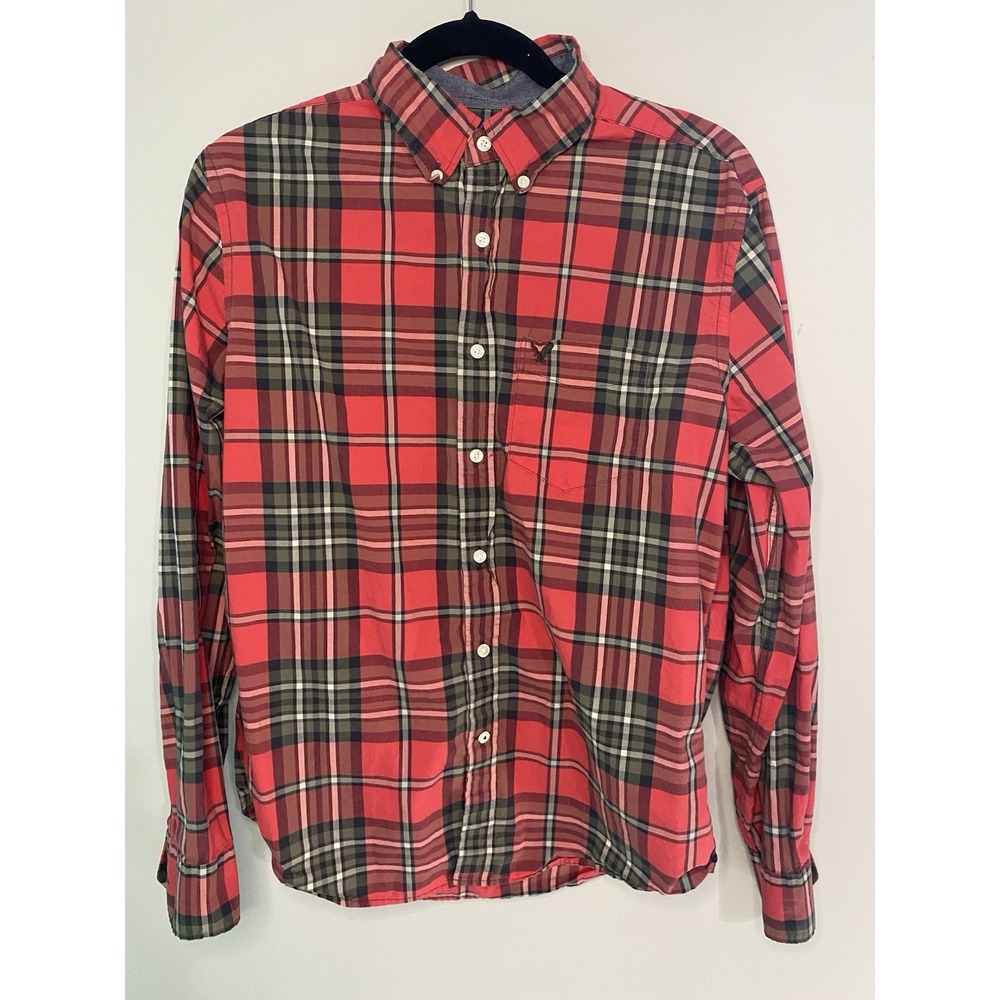 American Eagle Men's M Button Down Shirt Red Plaid Long Sleeve Pocket